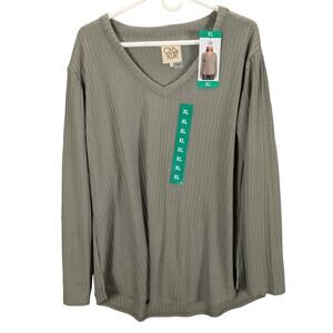 Chaser Shirt Womens Extra Large Green Waffle Knit Thermal V Neck Long Sleeve